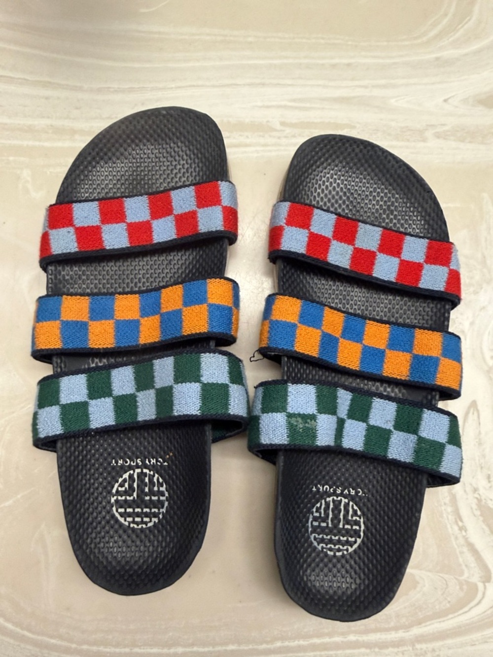 Tory Burch Triple Strap Checkerboard Slide Sandals - Red, Orange & Green